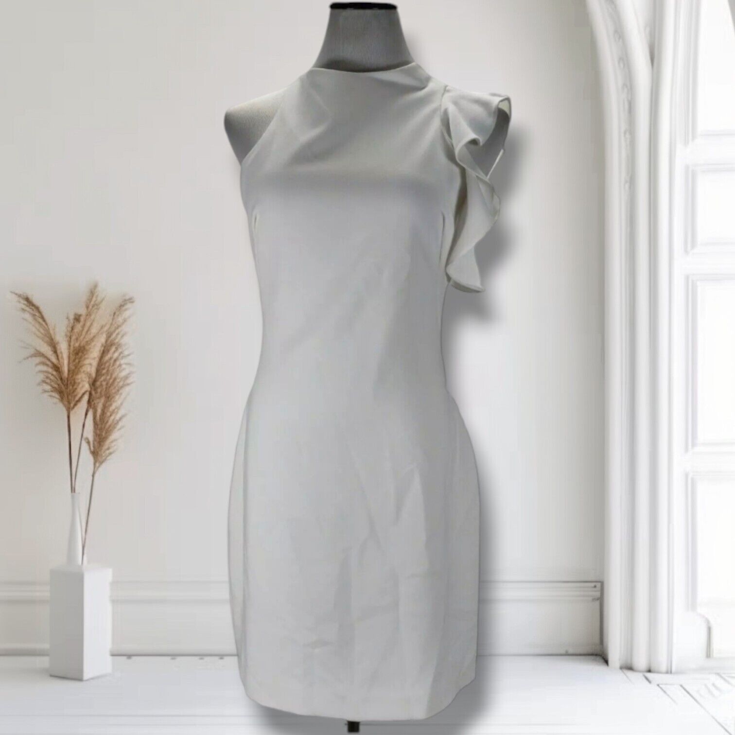 Black Halo Pabla White Mini Dress Size 8 Ruffle Drape Sheath Bridal